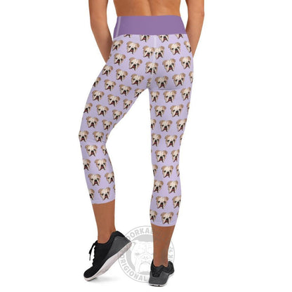 Derpy English Bulldog Yoga Capri Leggings | Fawn &amp; White Colored