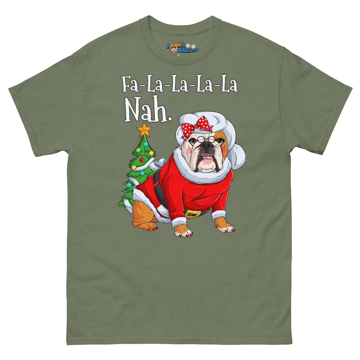 "Fa - La - La - La - La - La Nah" Mrs. Claus Bulldog T-Shirt | Red &amp; White Colored