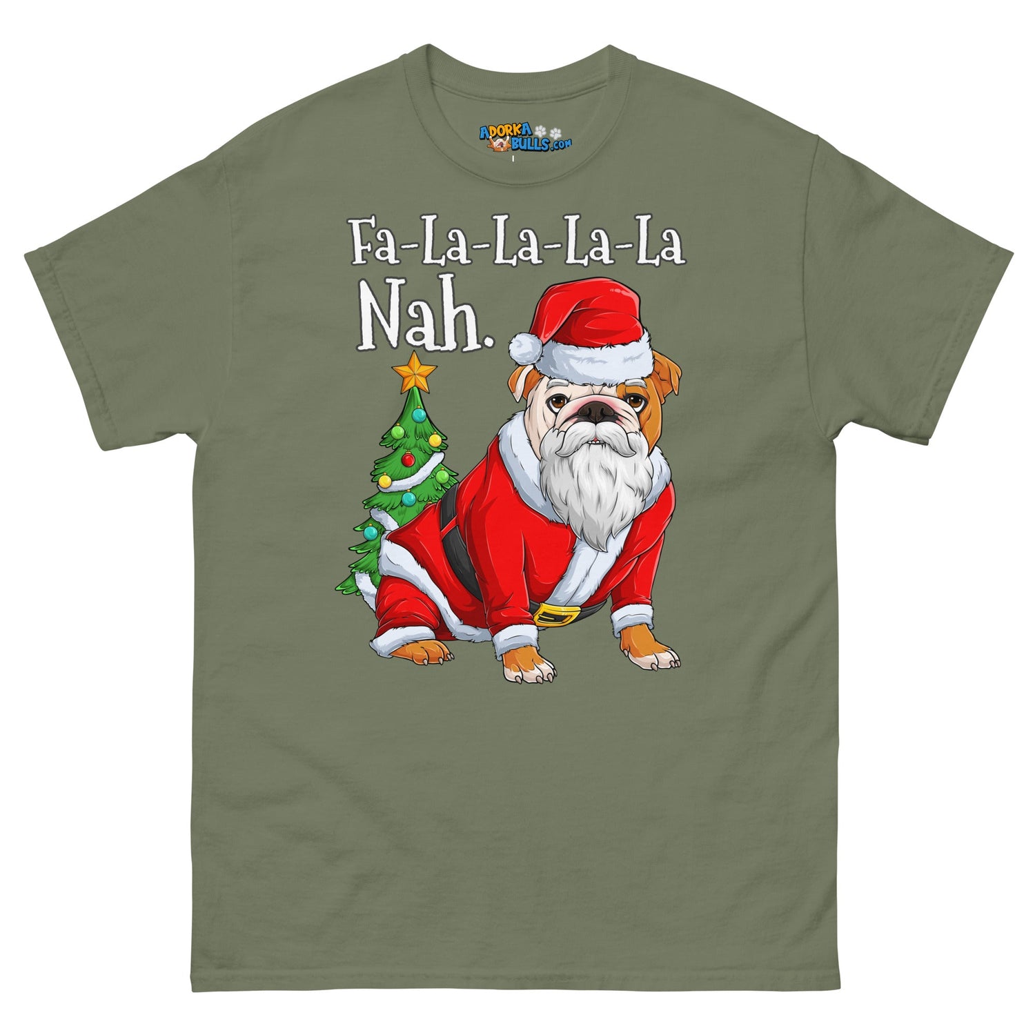 "Fa - La - La - La - La - La Nah" Santa Bulldog T-Shirt | Red &amp; White Colored