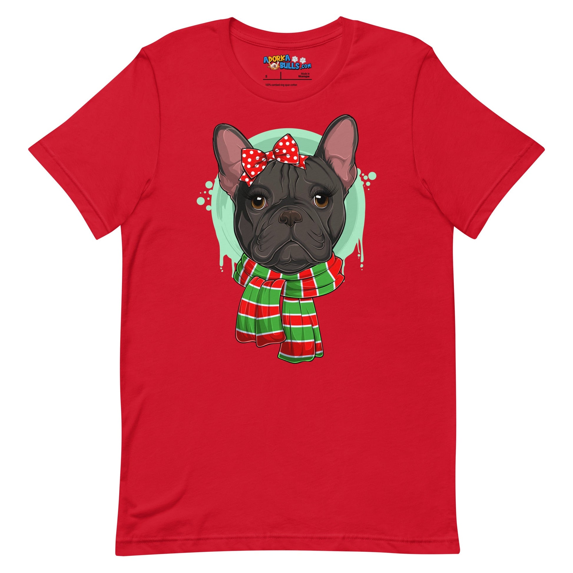 Frenchie in Christmas Scarf Unisex Tee | B&W Colored Female