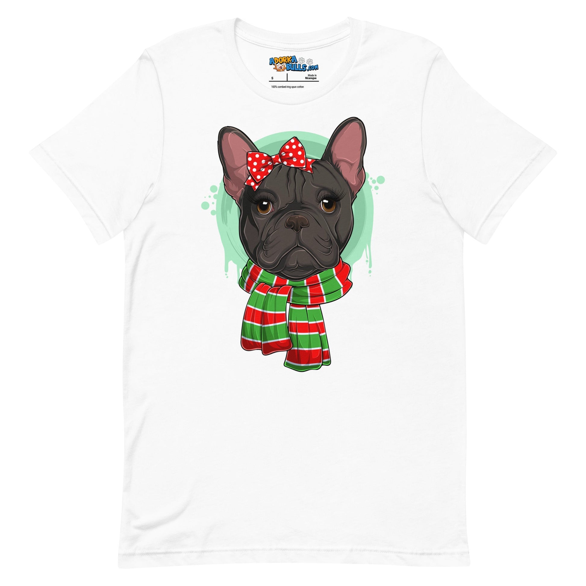 Frenchie in Christmas Scarf Unisex Tee | B&W Colored Female