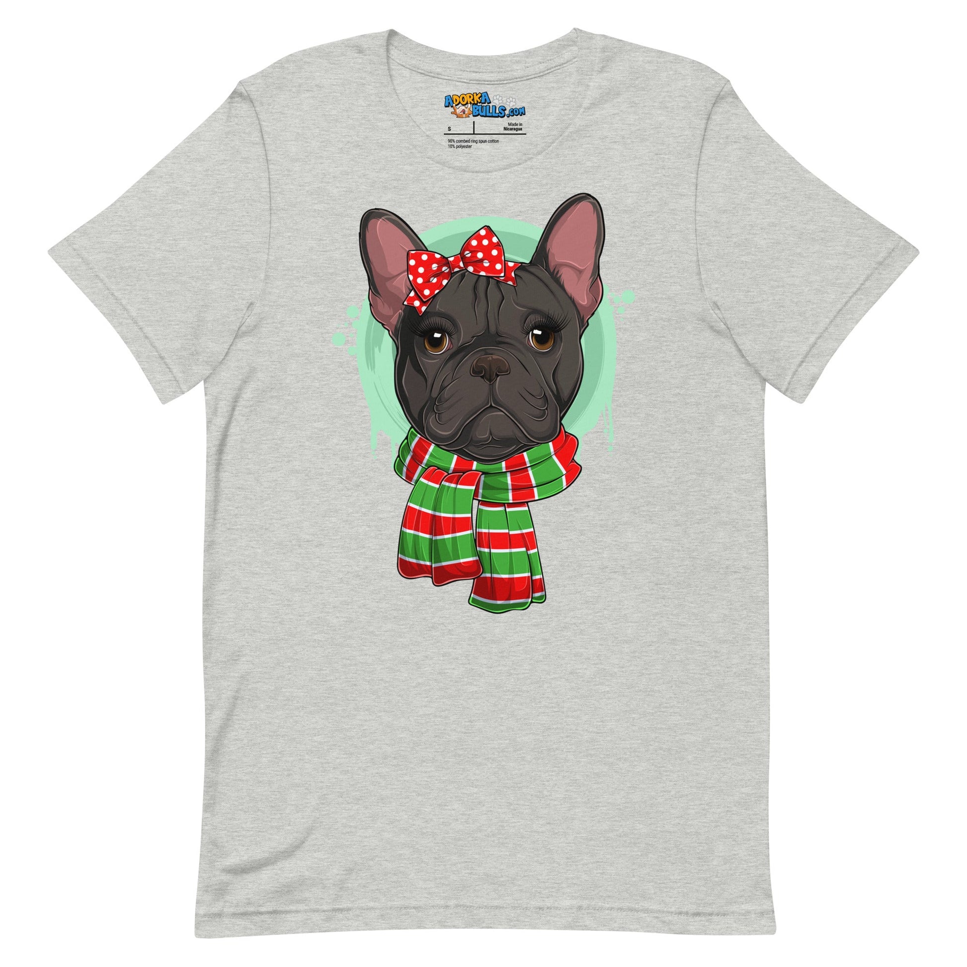 Frenchie in Christmas Scarf Unisex Tee | B&W Colored Female