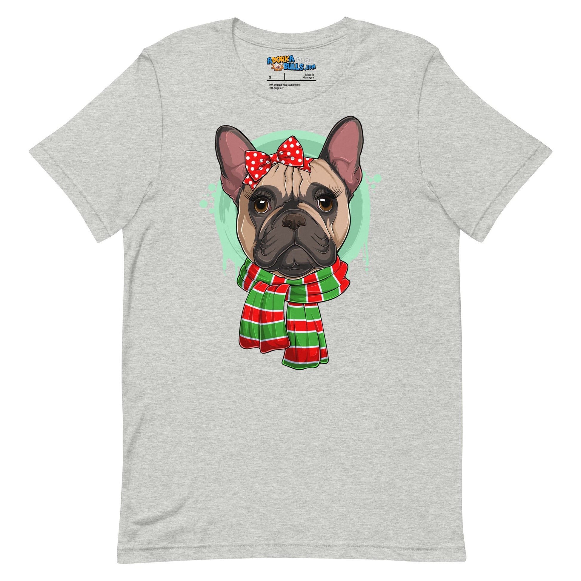 Frenchie in Christmas Scarf Unisex Tee | Fawn & White Colored Female