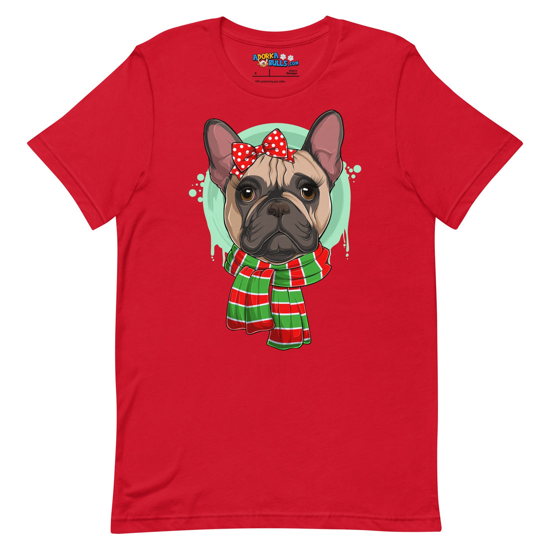 Frenchie in Christmas Scarf Unisex Tee | Fawn &amp; White Colored Female