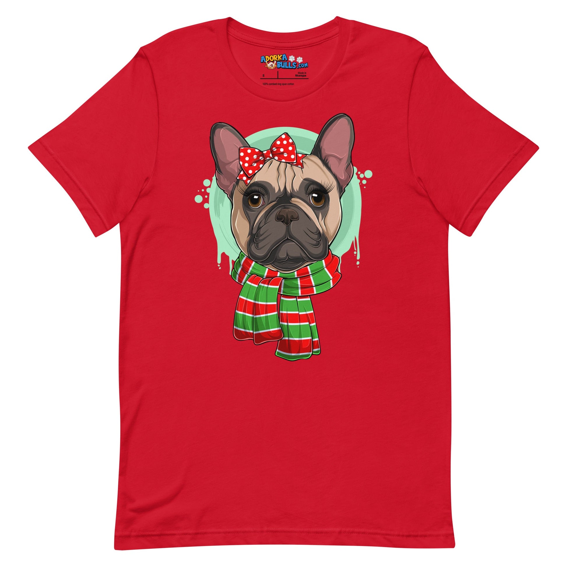 Frenchie in Christmas Scarf Unisex Tee | Fawn & White Colored Female