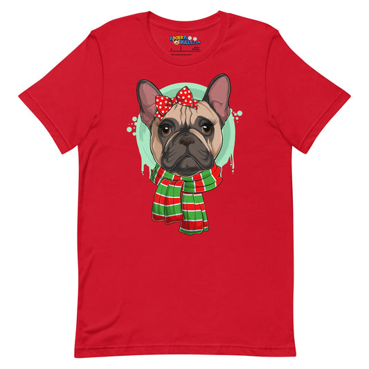 Frenchie in Christmas Scarf Unisex Tee | Fawn & White Colored Female