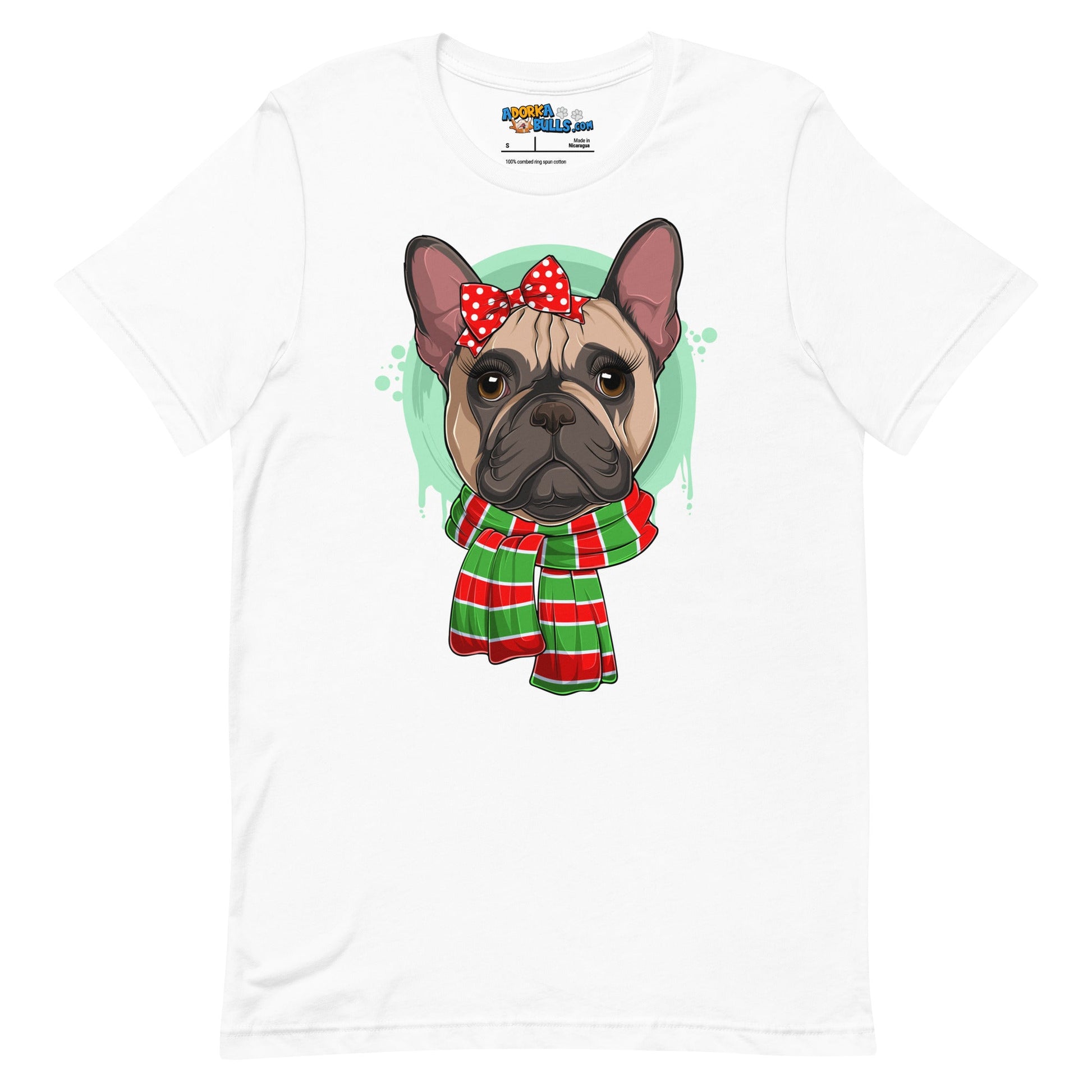 Frenchie in Christmas Scarf Unisex Tee | Fawn & White Colored Female