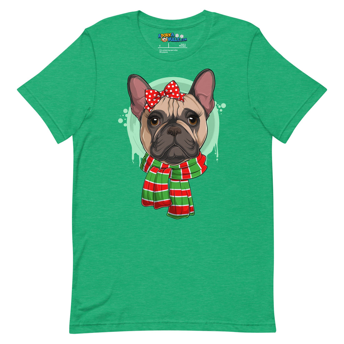 Frenchie in Christmas Scarf Unisex Tee | Fawn &amp; White Colored Female