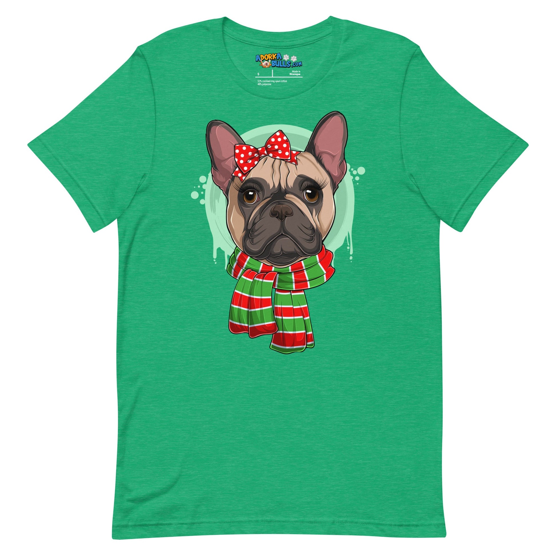 Frenchie in Christmas Scarf Unisex Tee | Fawn & White Colored Female