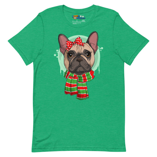 Frenchie in Christmas Scarf Unisex Tee | Fawn & White Colored Female