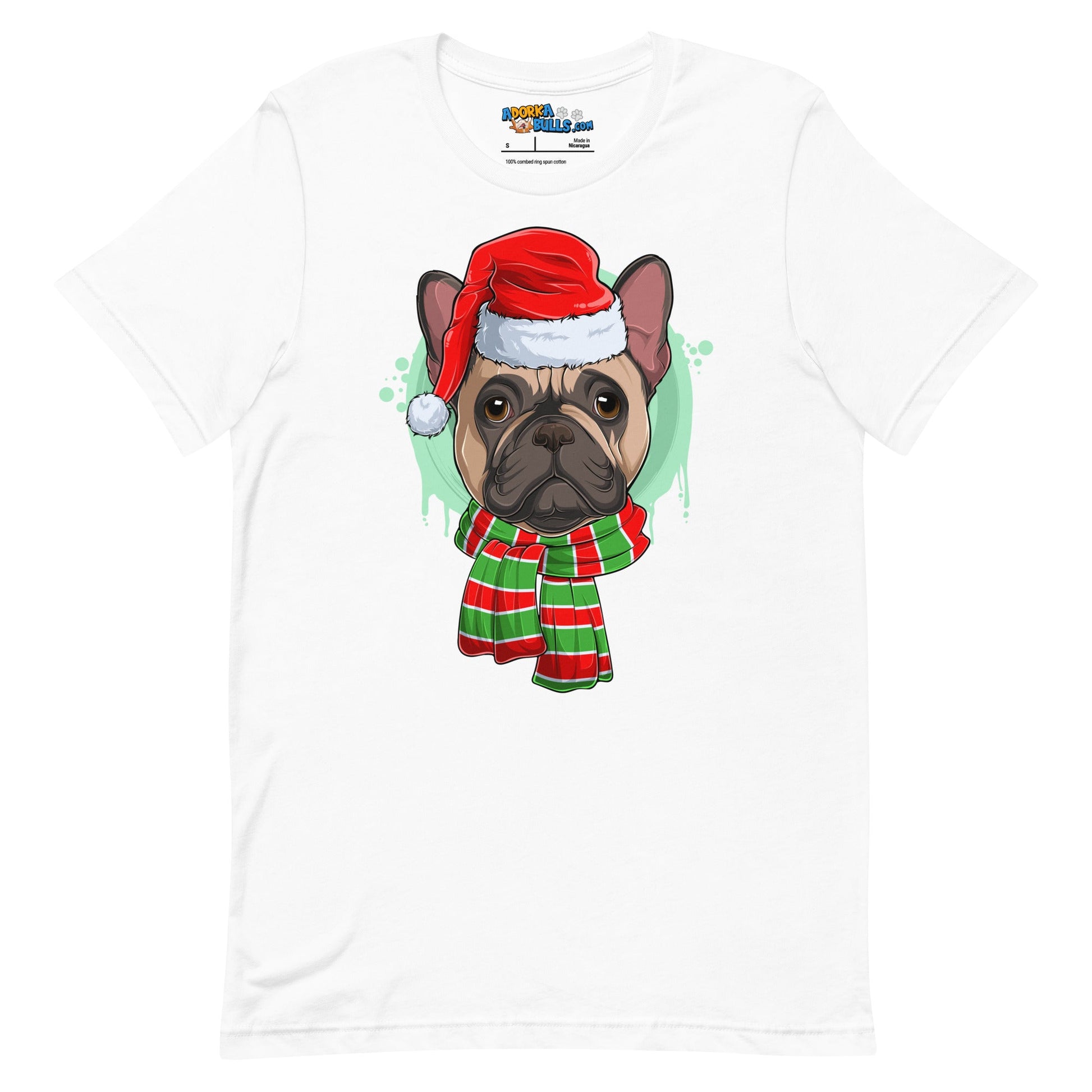 Frenchie in Christmas Scarf Unisex Tee | Fawn & White Colored Male