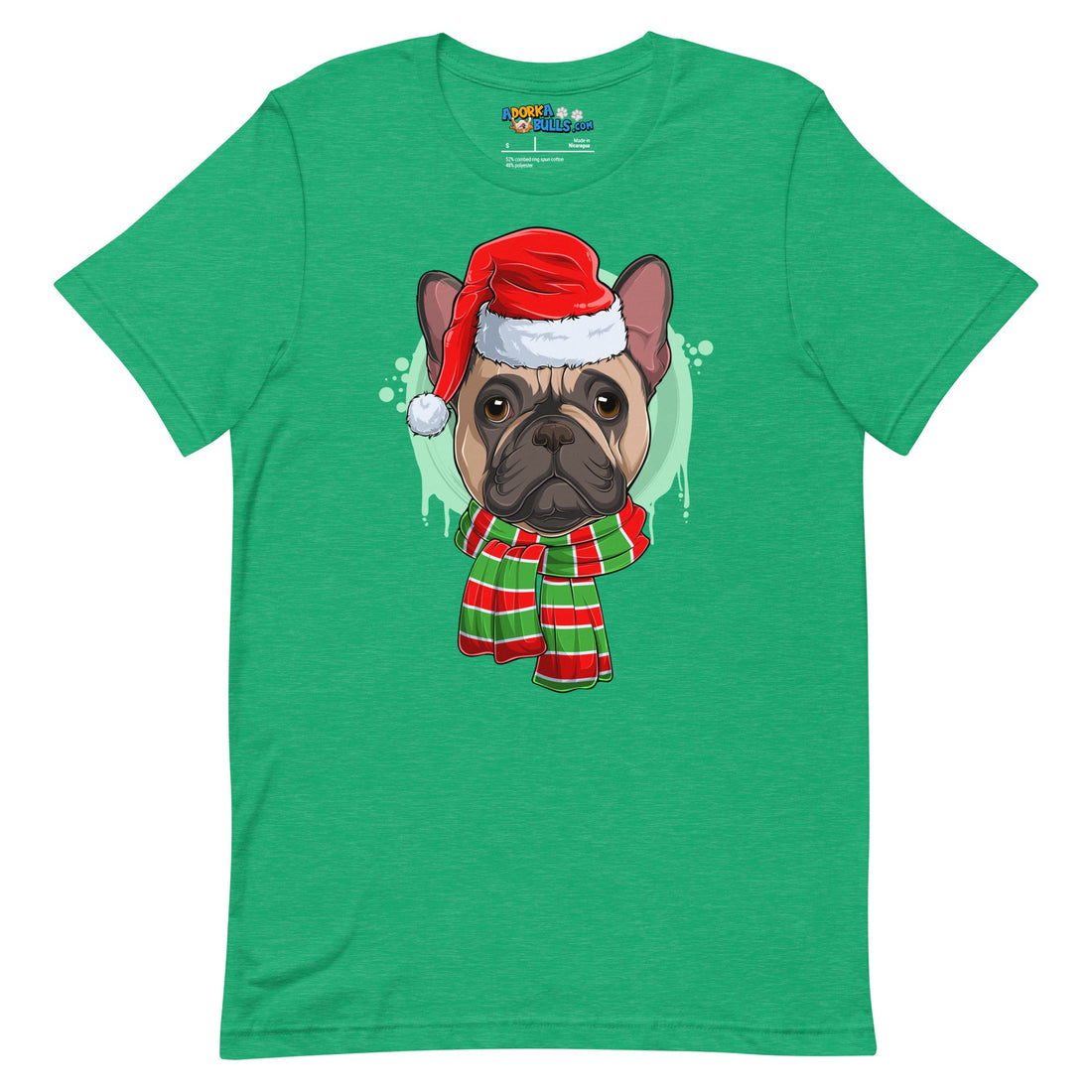 Frenchie in Christmas Scarf Unisex Tee | Fawn &amp; White Colored Male