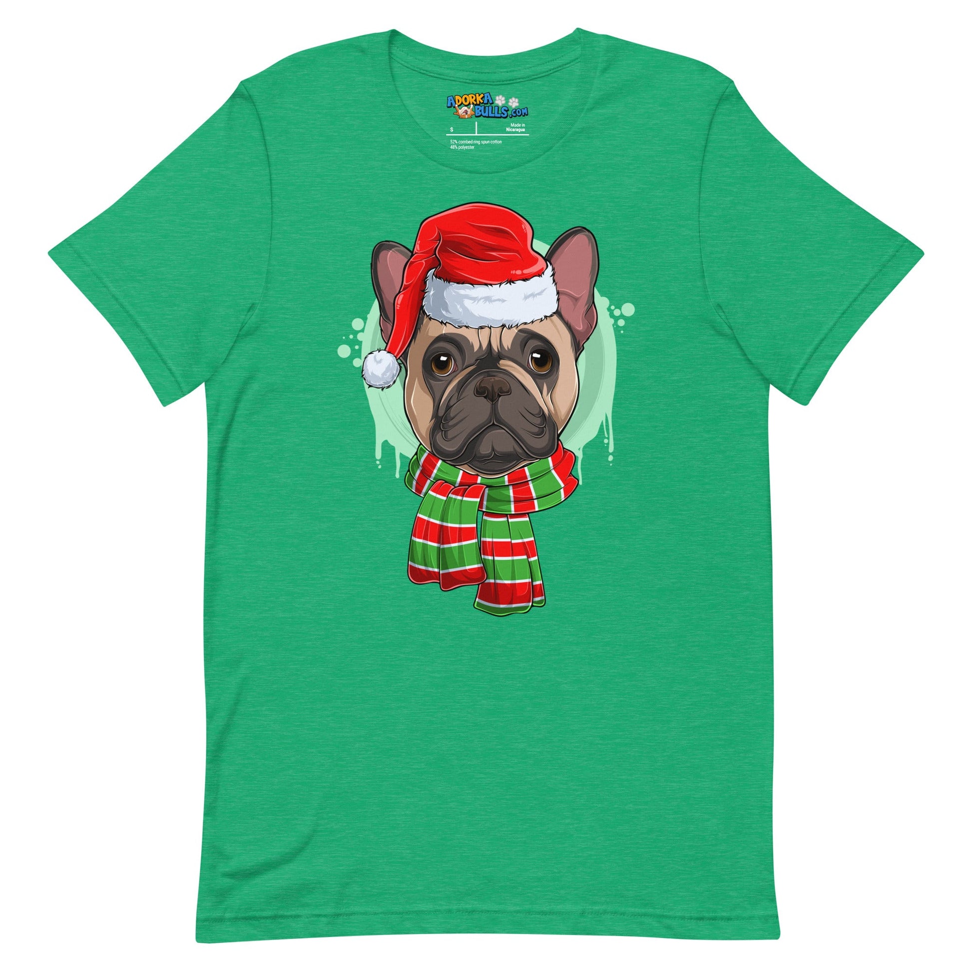 Frenchie in Christmas Scarf Unisex Tee | Fawn & White Colored Male