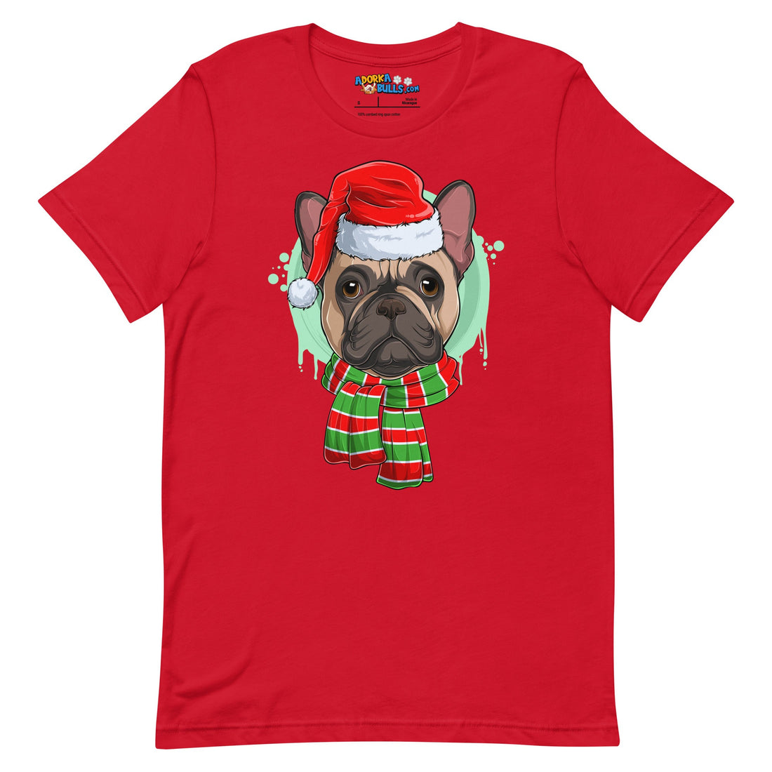 Frenchie in Christmas Scarf Unisex Tee | Fawn &amp; White Colored Male