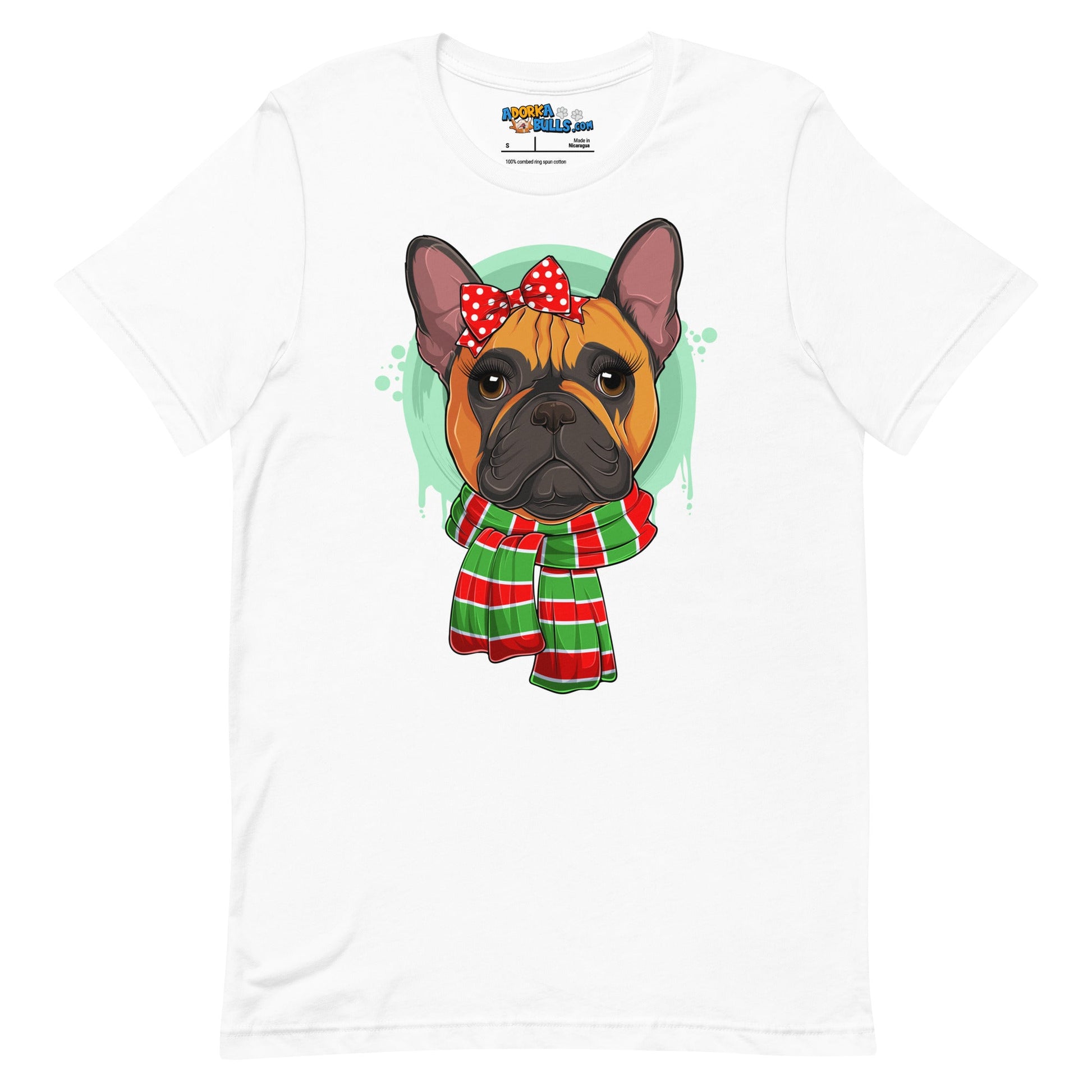 Frenchie in Christmas Scarf Unisex Tee | Red & White Colored Female