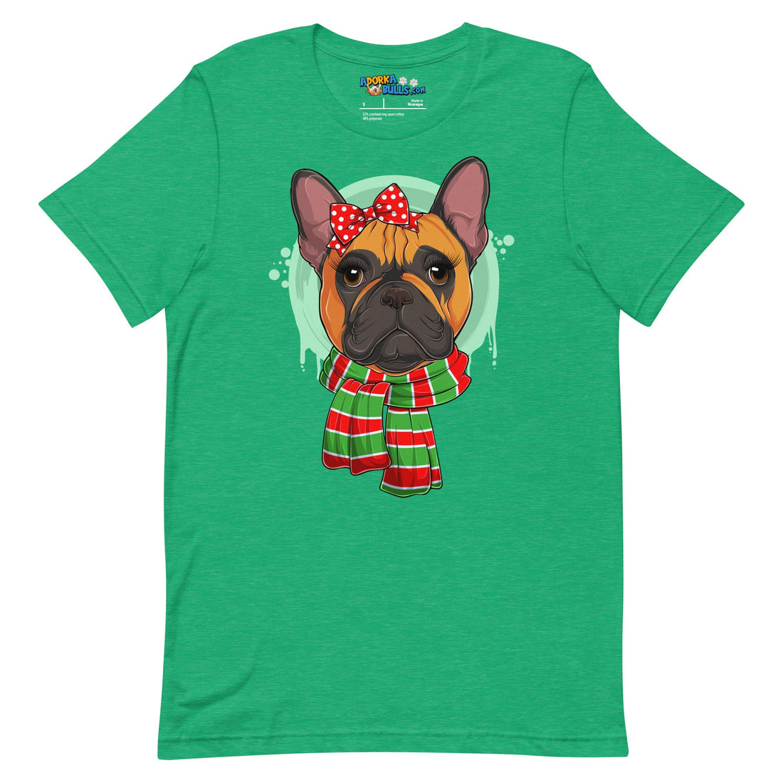 Frenchie in Christmas Scarf Unisex Tee | Red &amp; White Colored Female