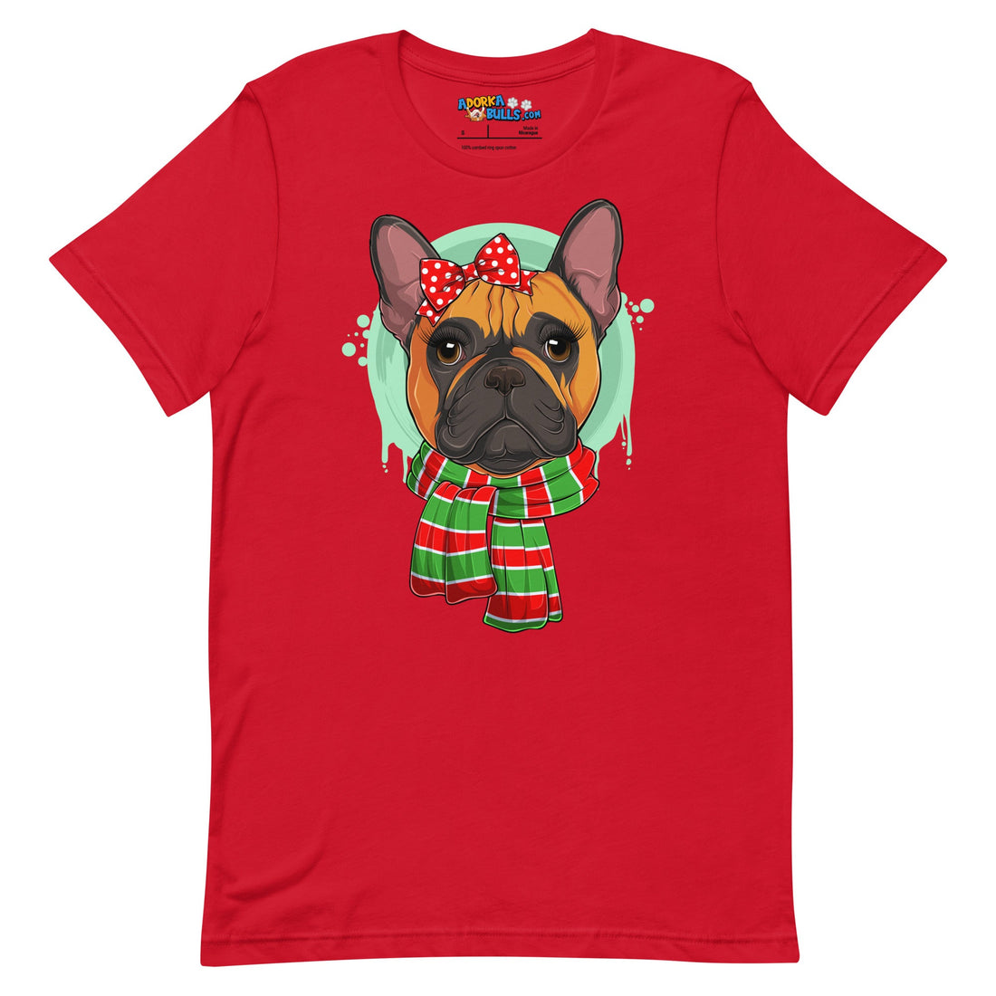 Frenchie in Christmas Scarf Unisex Tee | Red &amp; White Colored Female