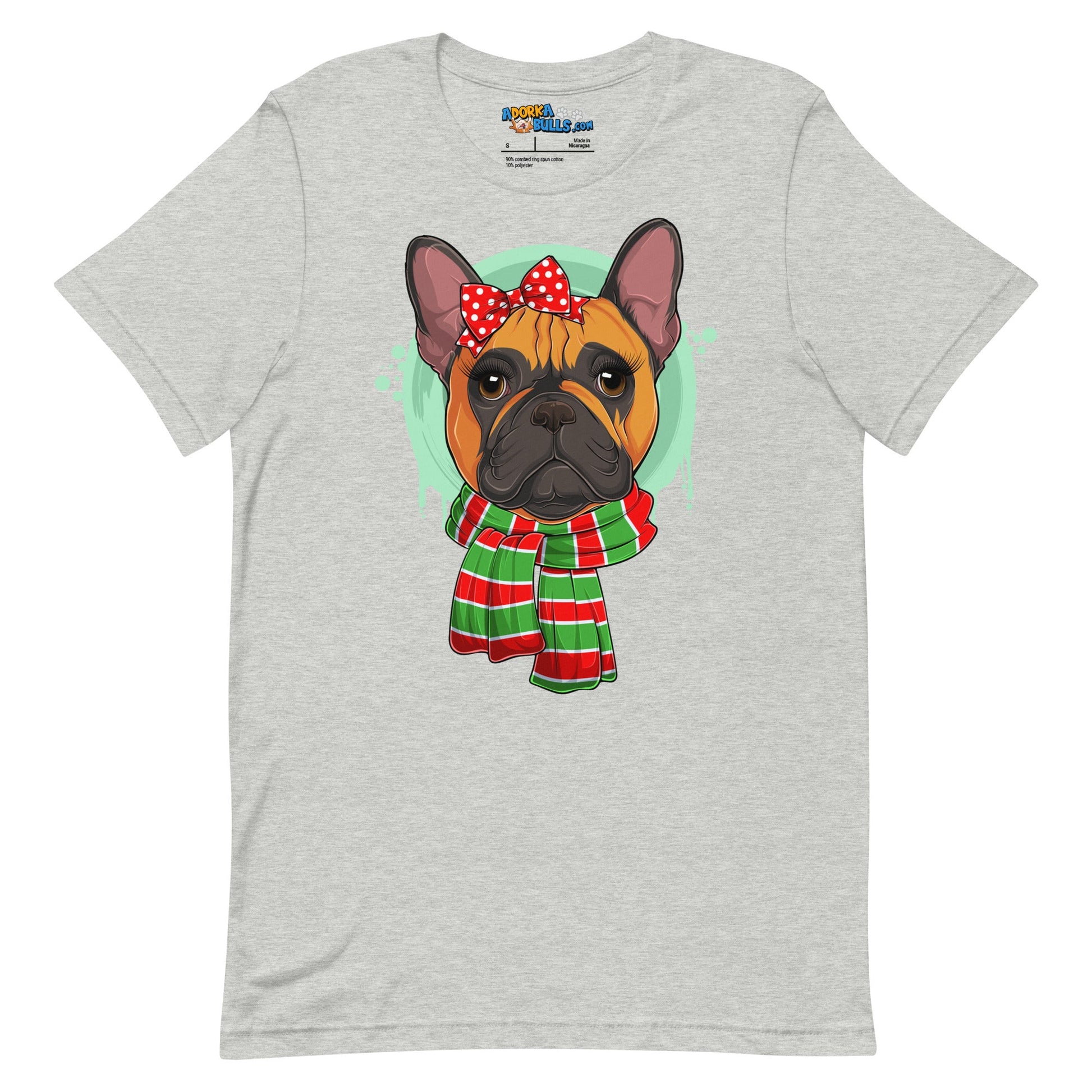 Frenchie in Christmas Scarf Unisex Tee | Red & White Colored Female