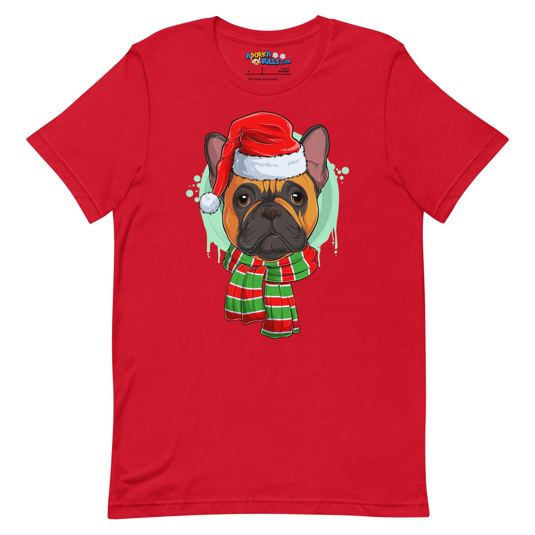 Frenchie in Christmas Scarf Unisex Tee | Red &amp; White Colored Male