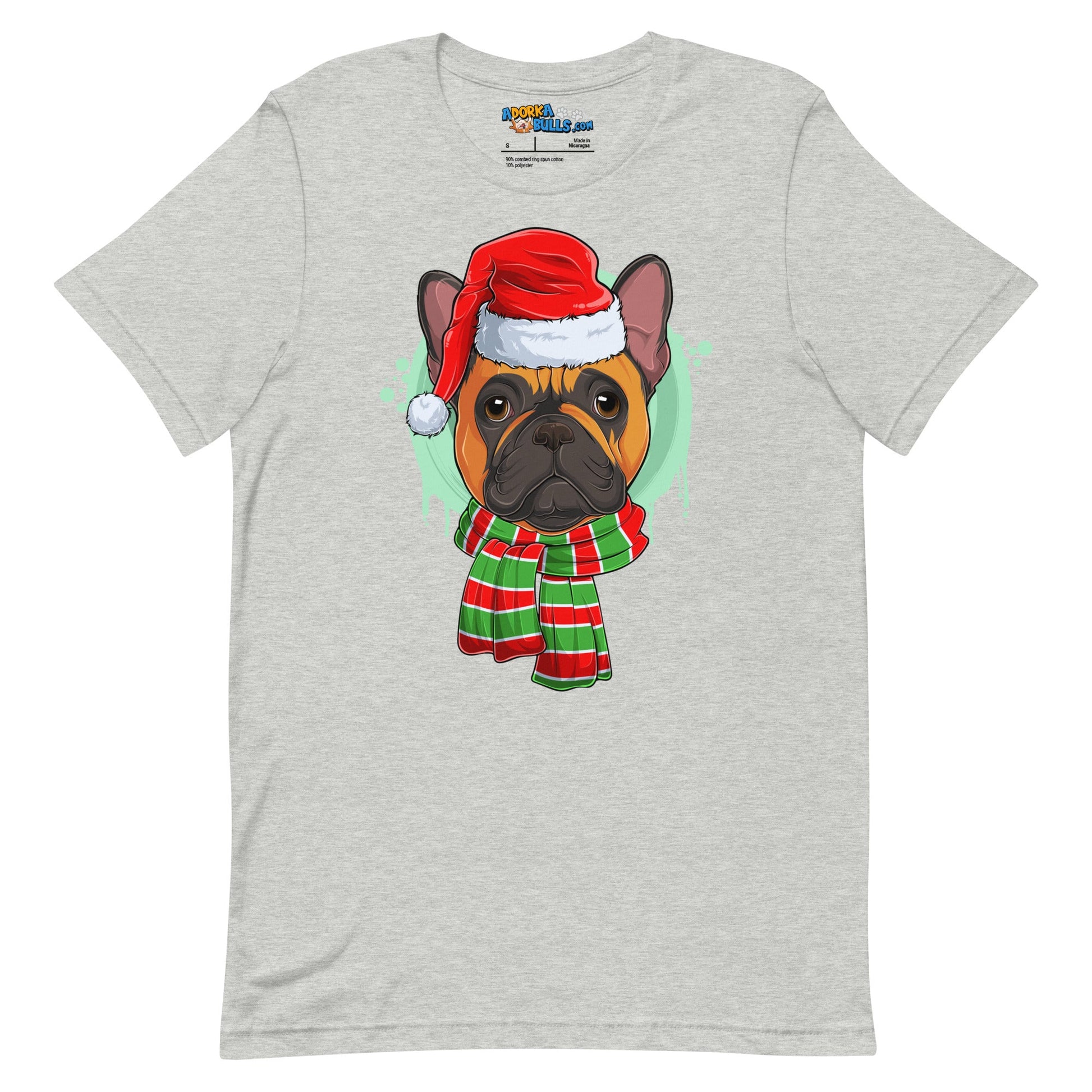 Frenchie in Christmas Scarf Unisex Tee | Red & White Colored Male