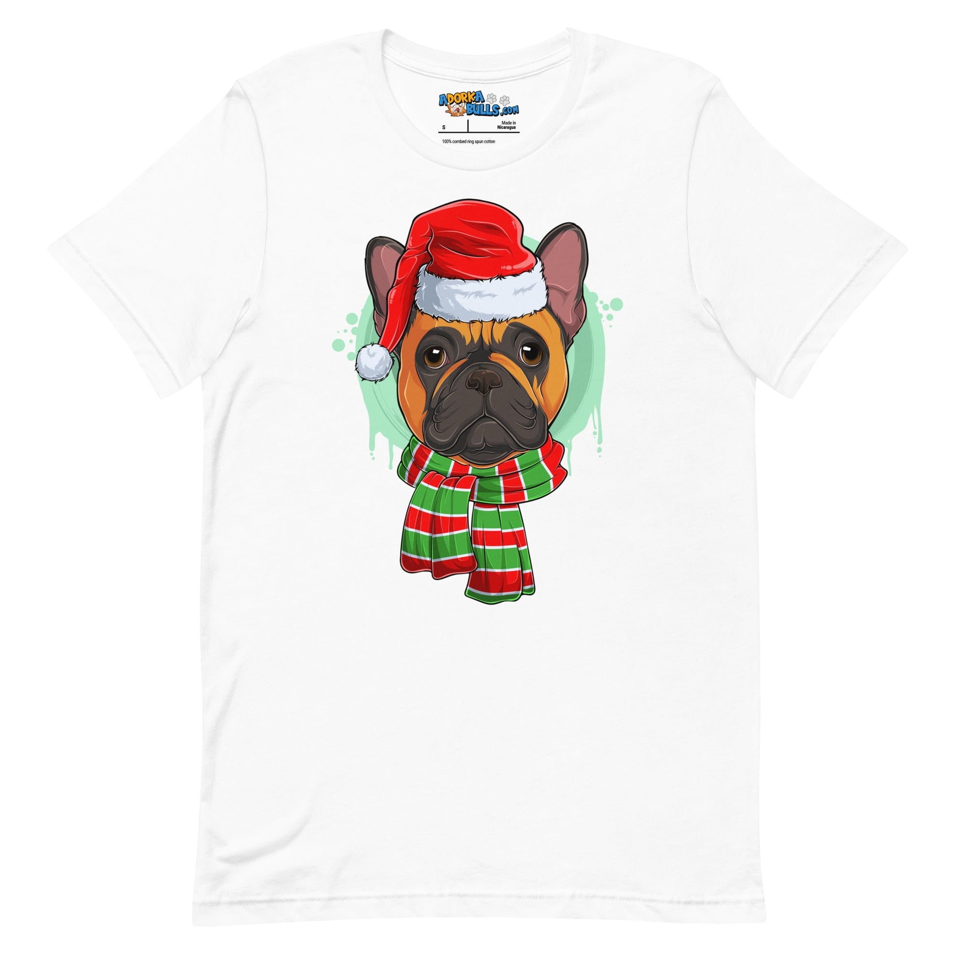 Frenchie in Christmas Scarf Unisex Tee | Red & White Colored Male