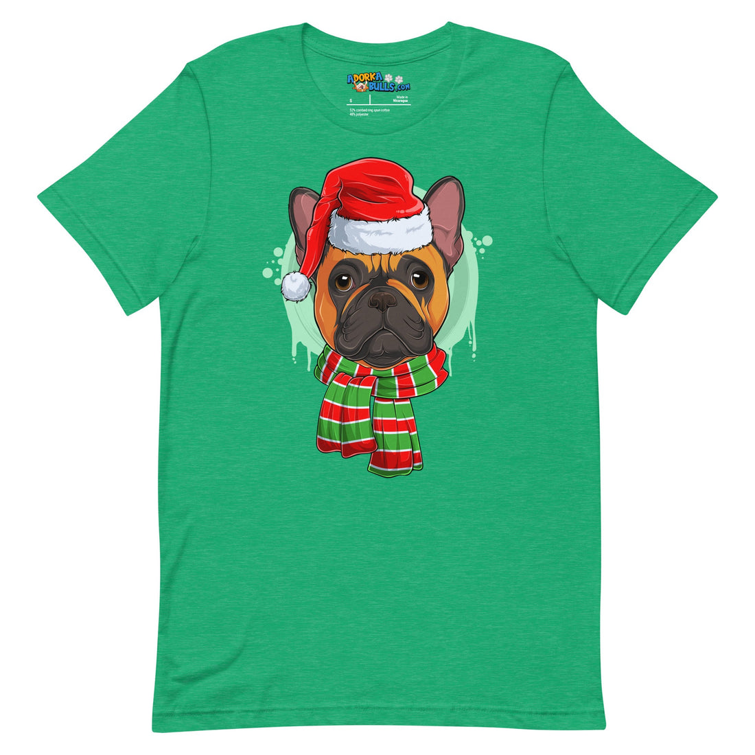 Frenchie in Christmas Scarf Unisex Tee | Red &amp; White Colored Male