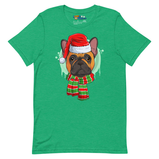 Frenchie in Christmas Scarf Unisex Tee | Red & White Colored Male