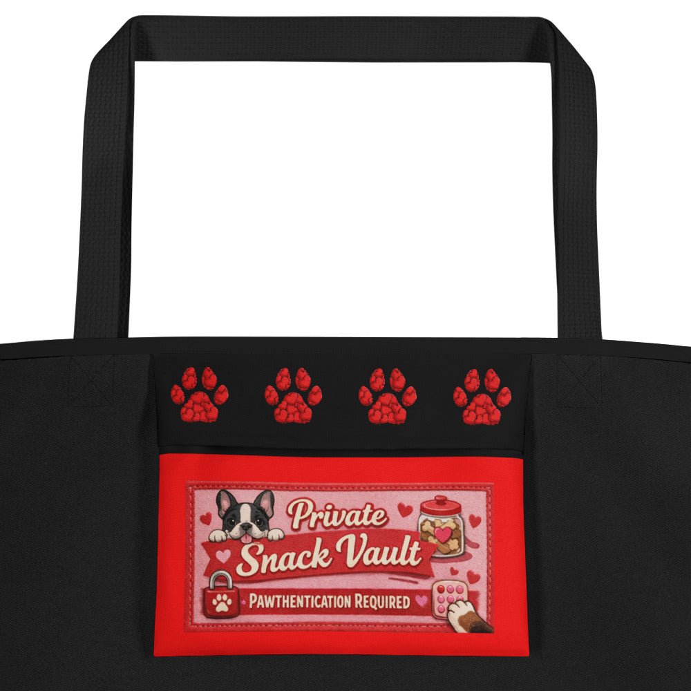Frenchie “Pop of Love – With a Side of Snacks” Large Tote Bag with Pocket