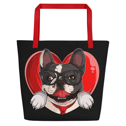 Frenchie “Pop of Love – With a Side of Snacks” Large Tote Bag with Pocket