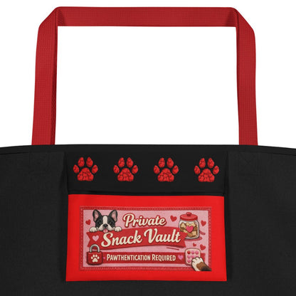 Frenchie “Pop of Love – With a Side of Snacks” Large Tote Bag with Pocket