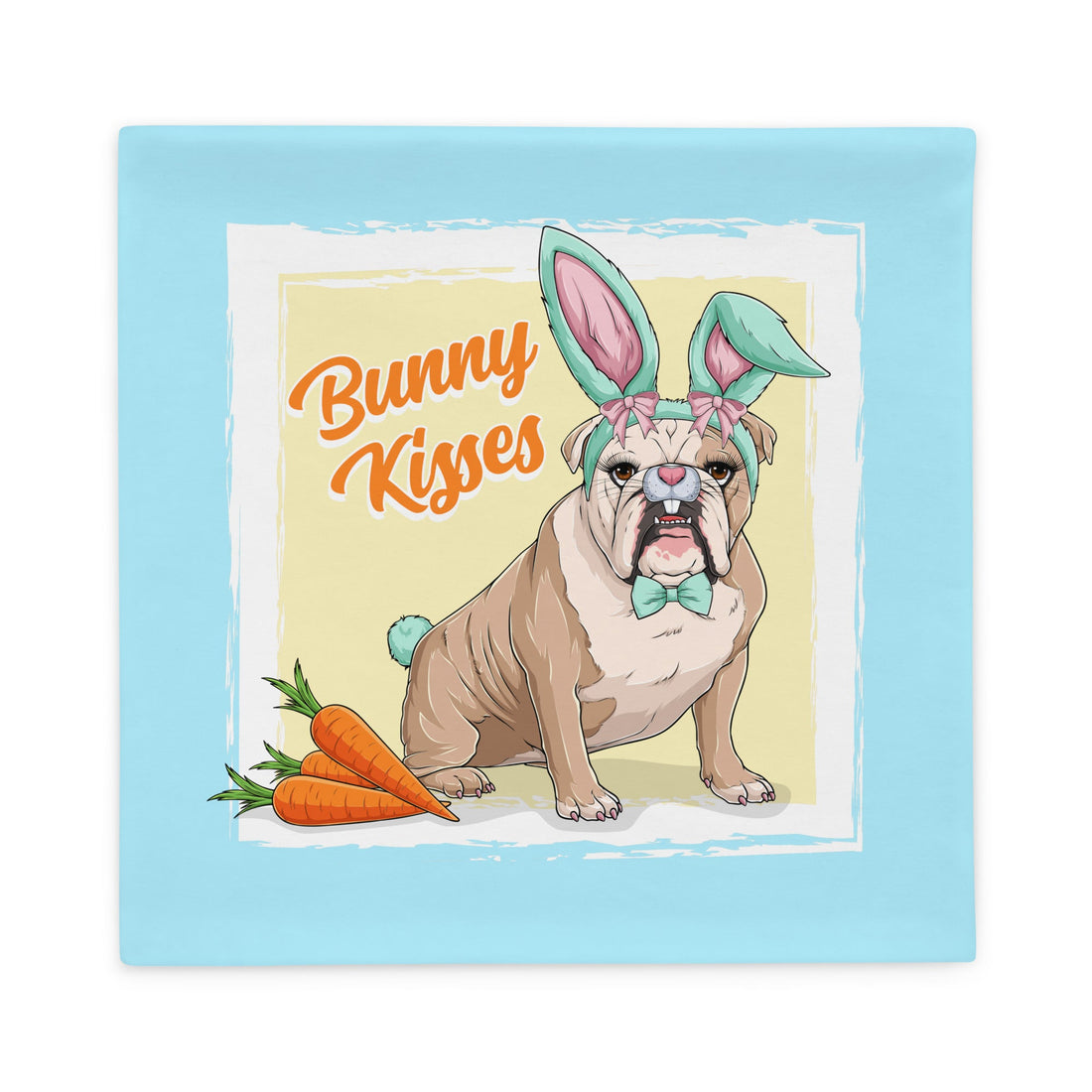 Green "Bunny Kisses" Female English Bulldog Pillow Case | Fawn &amp; White Colored