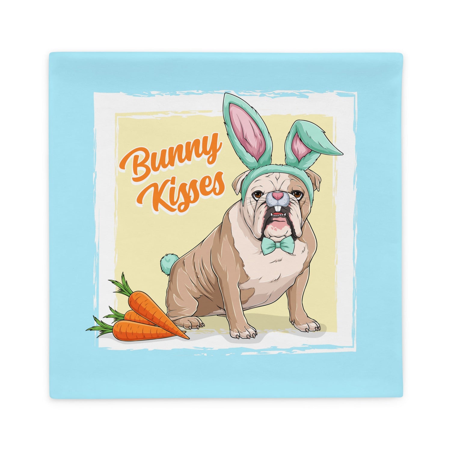 Green "Bunny Kisses" Male English Bulldog Pillow Case | Fawn &amp; White Colored
