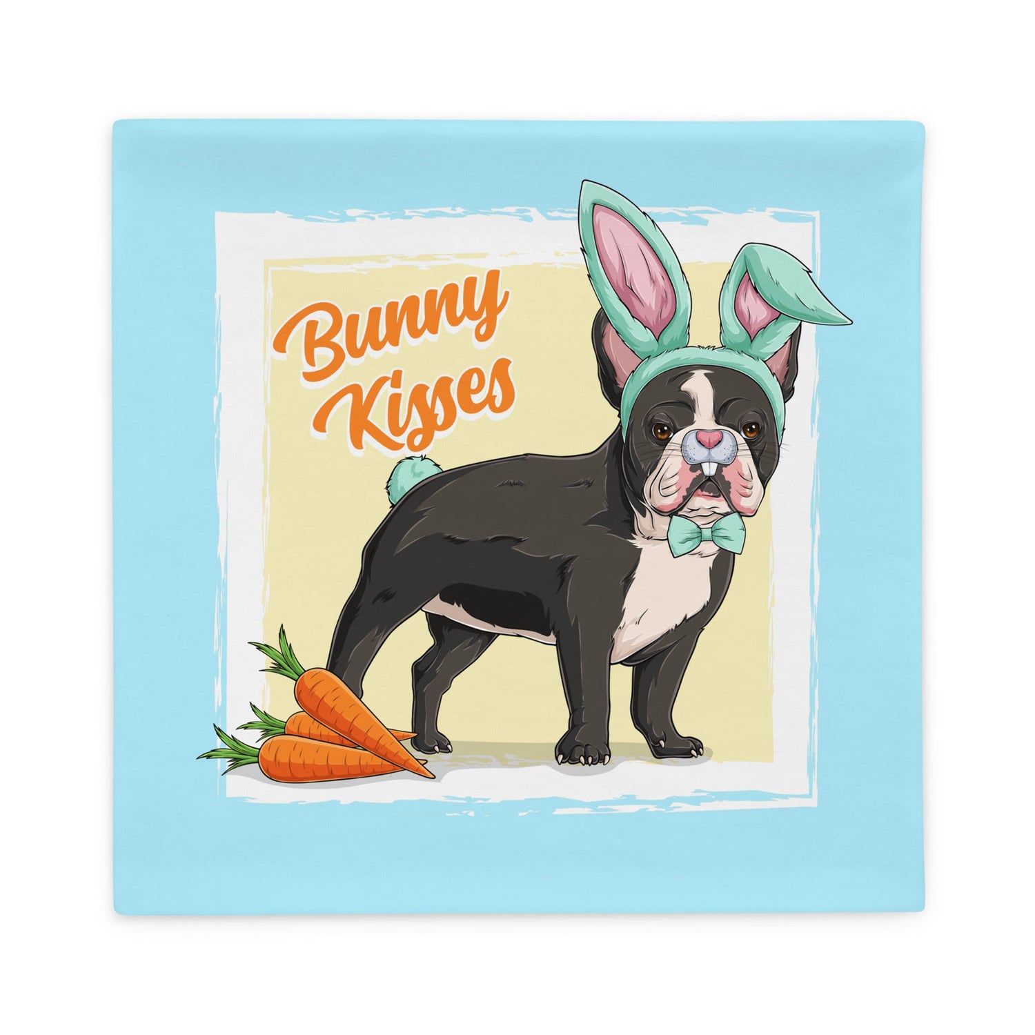 Green "Bunny Kisses" Male Frenchie Pillow Case | B&amp;W Colored