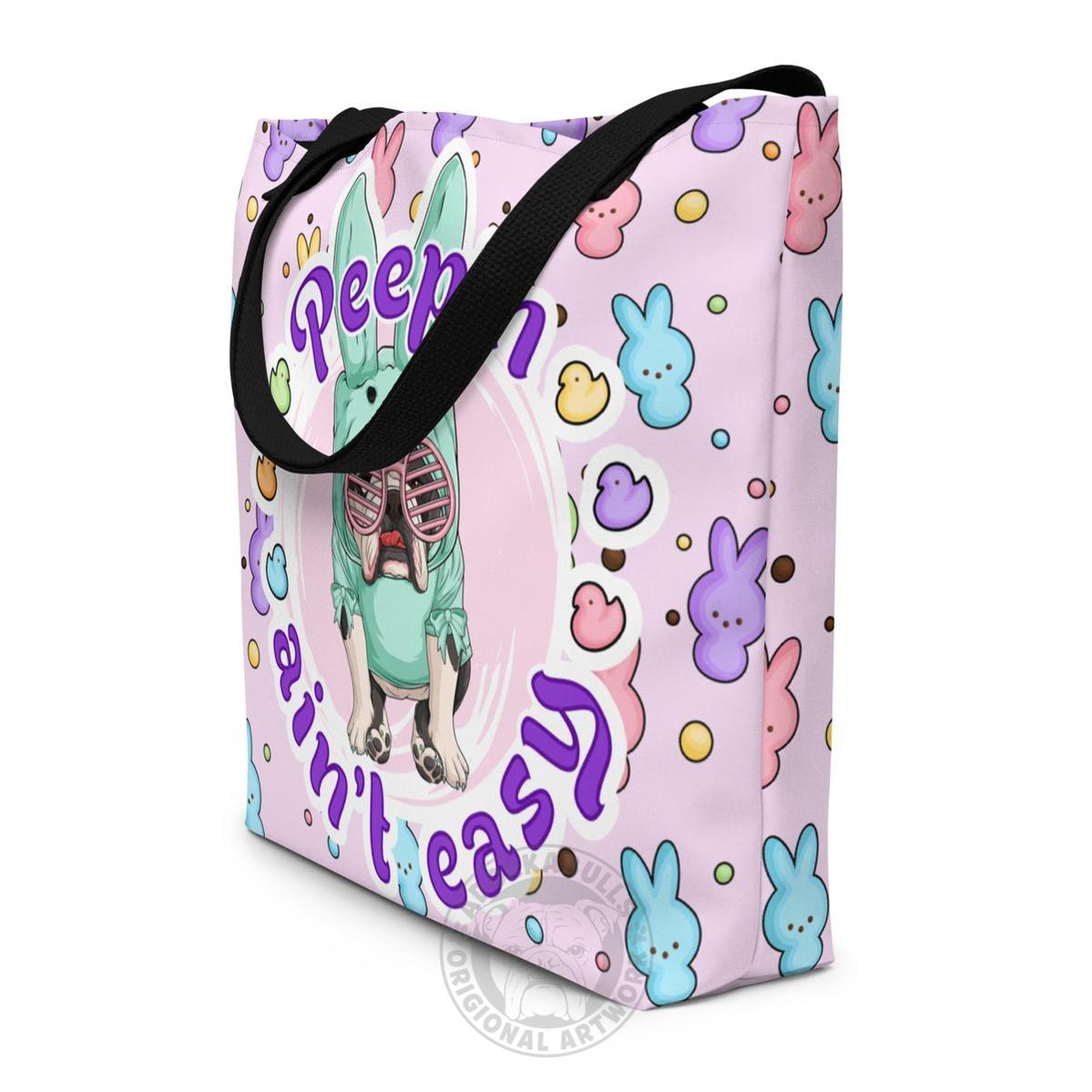 Green "Peep’n Ain’t Easy" Female Bulldog Tote Bag with Pocket | B&amp;W Colored