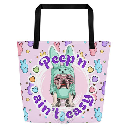 Green "Peep’n Ain’t Easy" Female Bulldog Tote Bag with Pocket | B&amp;W Colored