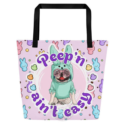 Green "Peep’n Ain’t Easy" Female Frenchie Tote Bag with Pocket | B&amp;W Colored