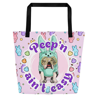 Green "Peep’n Ain’t Easy" Male Bulldog Tote Bag with Pocket | B&amp;W Colored