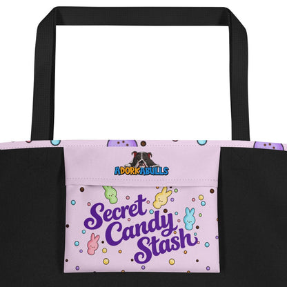 Green "Peep’n Ain’t Easy" Male Bulldog Tote Bag with Pocket | Fawn &amp; White Colored