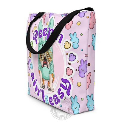Green "Peep’n Ain’t Easy" Male Bulldog Tote Bag with Pocket | Red &amp; White Colored