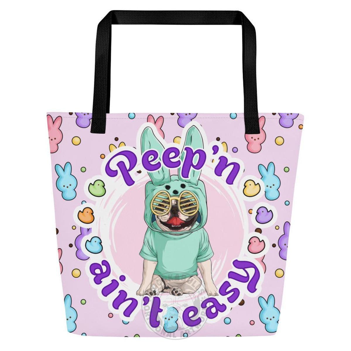 Green "Peep’n Ain’t Easy" Male Frenchie Tote Bag with Pocket | B&amp;W Colored