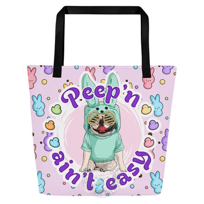 Green "Peep’n Ain’t Easy" Male Frenchie Tote Bag with Pocket | B&amp;W Colored