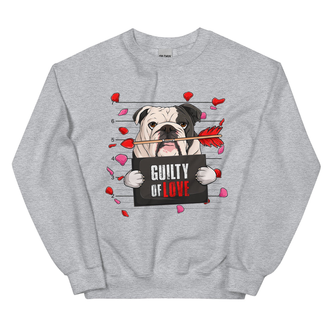 "Guilty of Love" Bulldog Valentine’s Day Sweatshirt | B&amp;W Colored