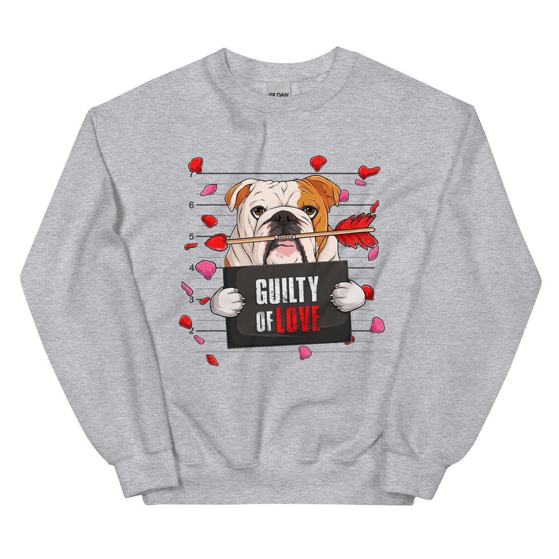 "Guilty of Love" Bulldog Valentine’s Day Sweatshirt | Red &amp; White Colored