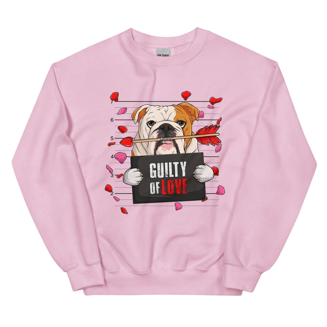 "Guilty of Love" Bulldog Valentine’s Day Sweatshirt | Red &amp; White Colored