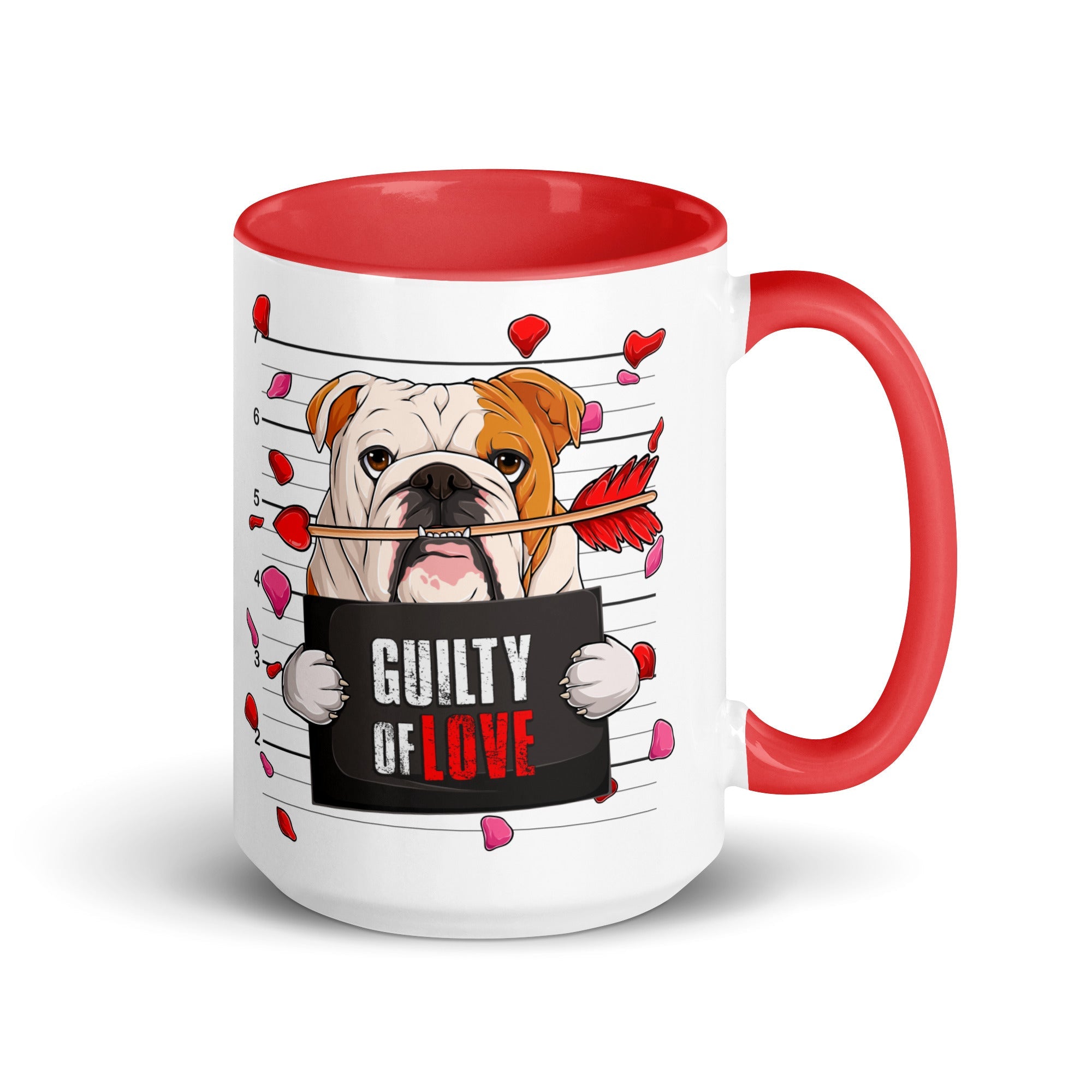 "Guilty of Love" English Bulldog Mug | Red &amp; White Colored Male