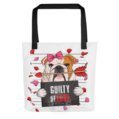 "Guilty of Love" English Bulldog Tote Bag | Red &amp; White Colored Female