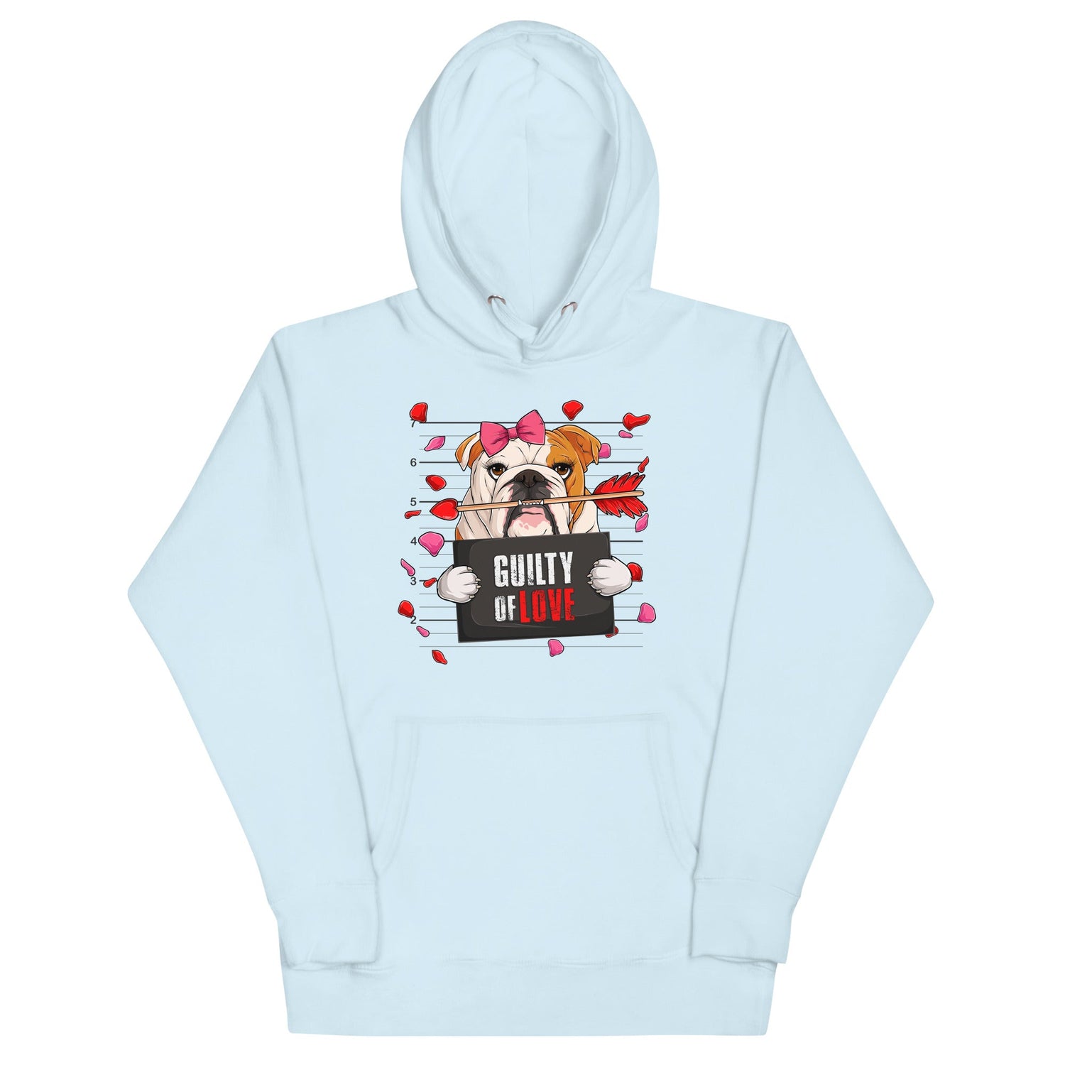 "Guilty of Love" English Bulldog Unisex Hoodie | Red &amp; White Colored Female