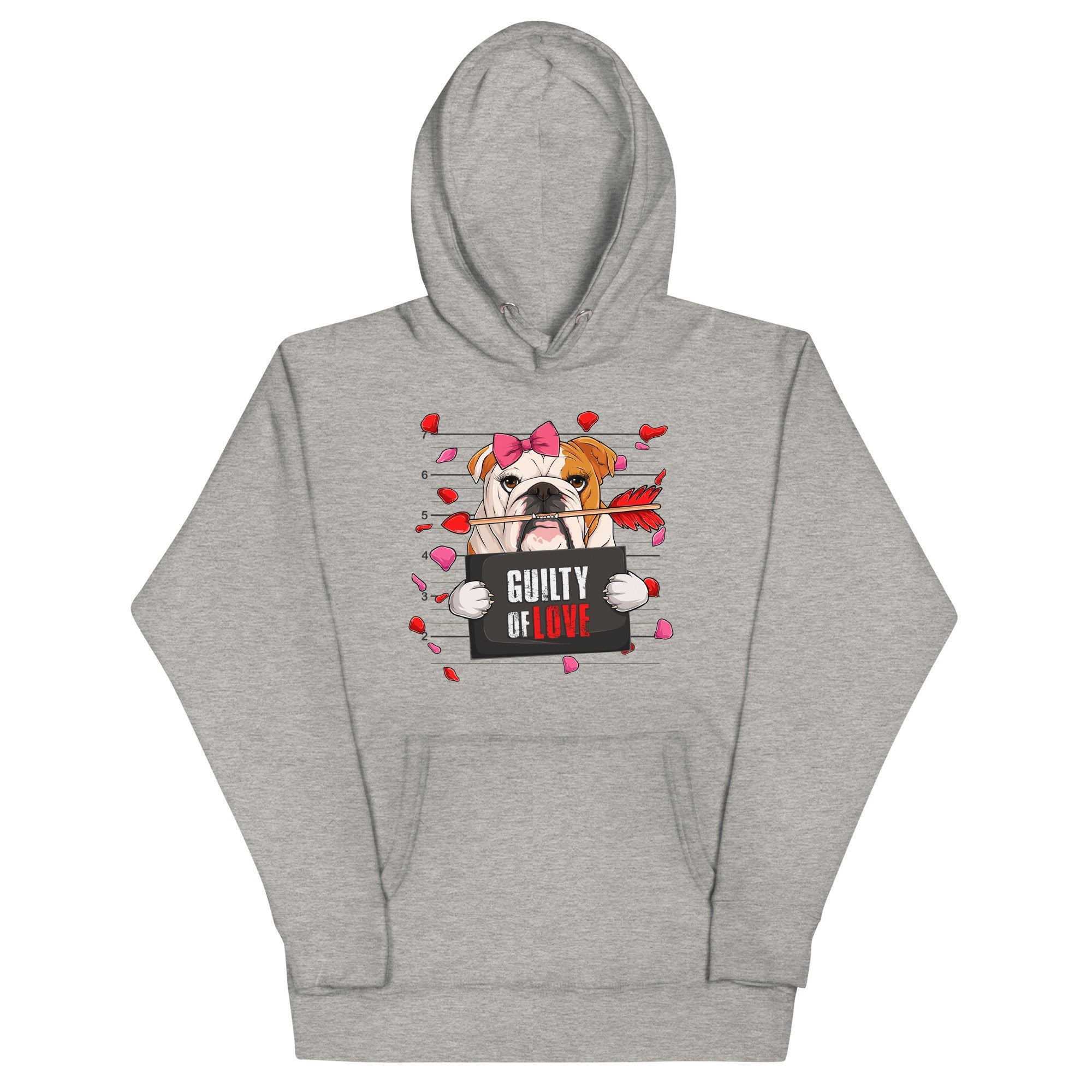 "Guilty of Love" English Bulldog Unisex Hoodie | Red &amp; White Colored Female