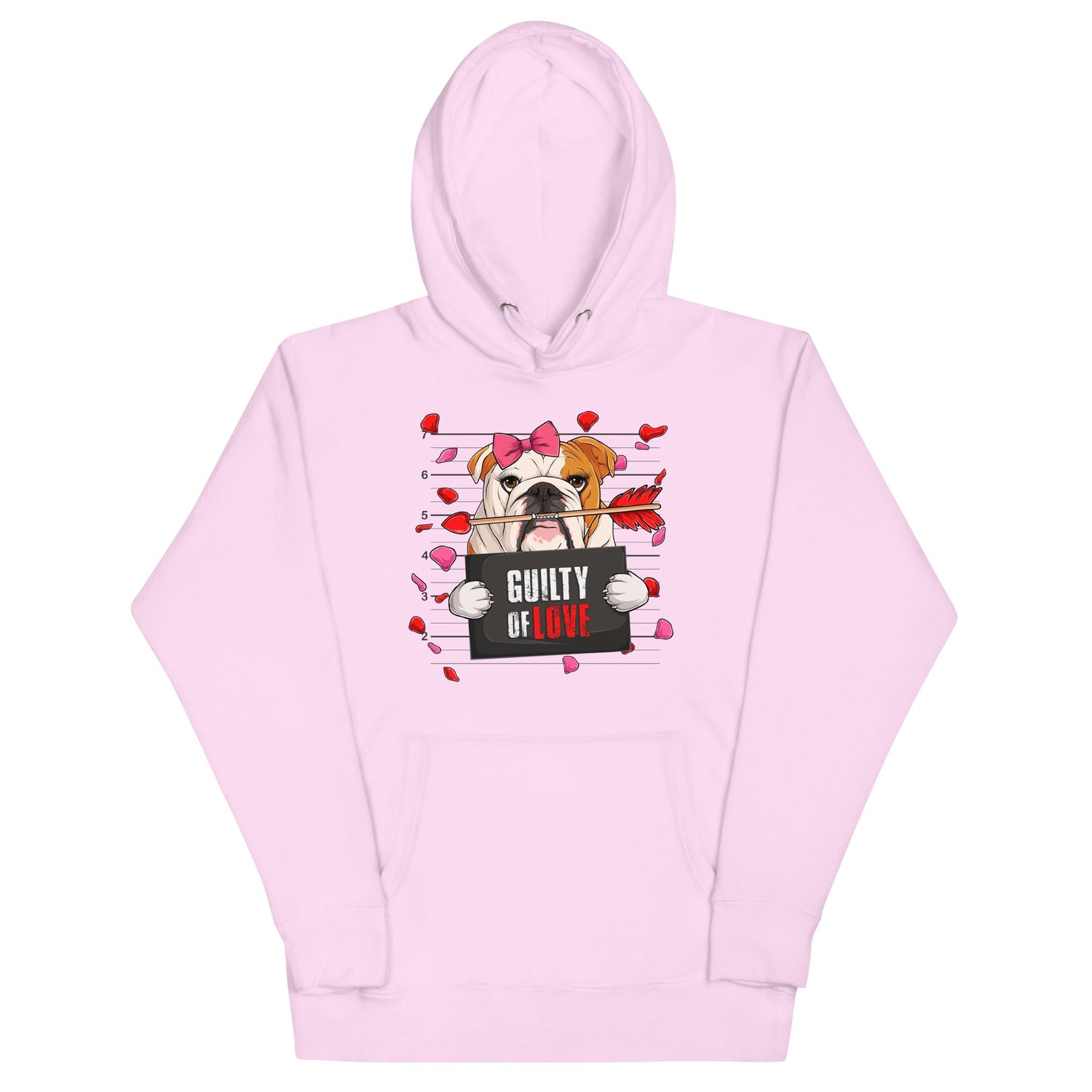 "Guilty of Love" English Bulldog Unisex Hoodie | Red &amp; White Colored Female