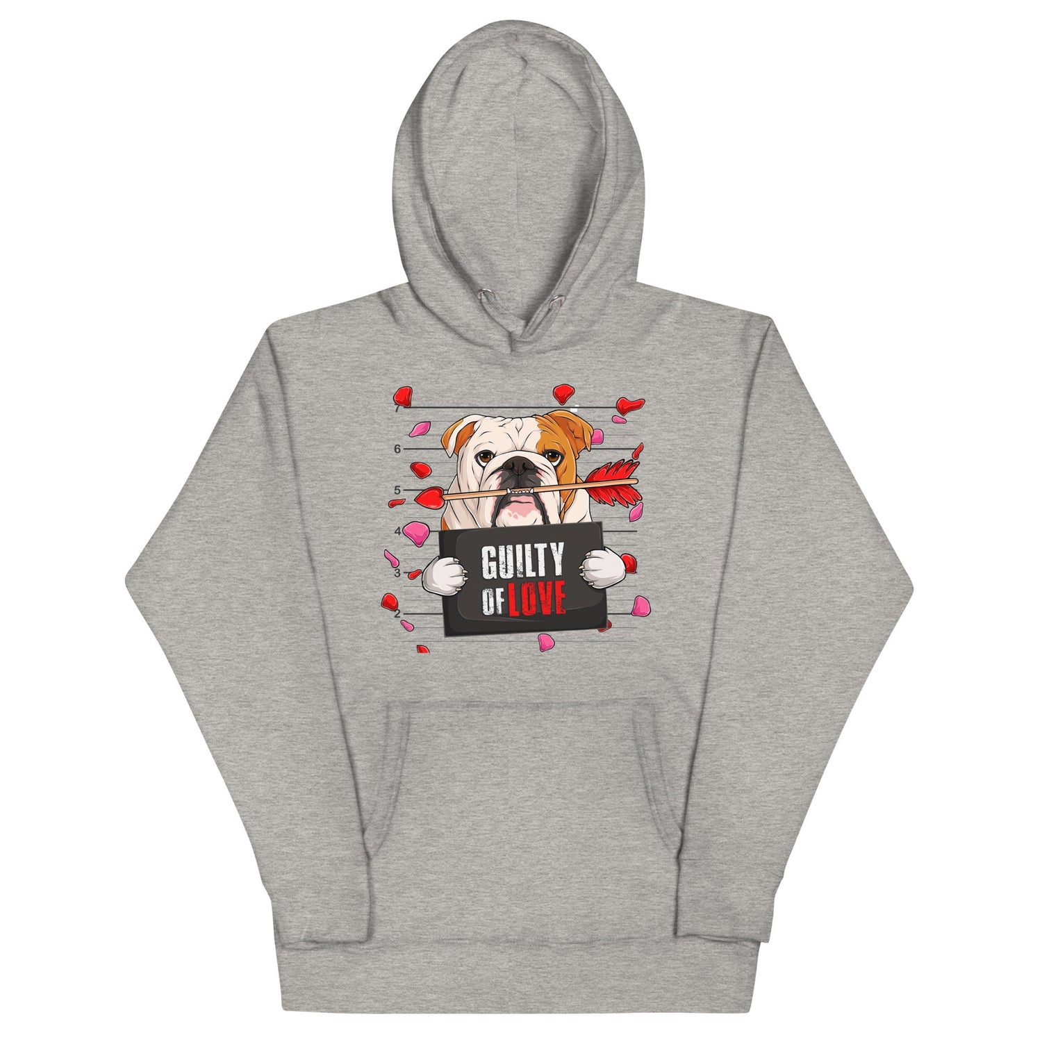 "Guilty of Love" English Bulldog Unisex Hoodie | Red &amp; White Colored Male
